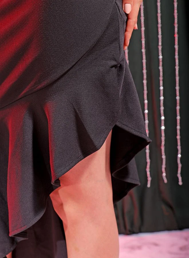 Freehand Women Fitted Party Wear Textured Ruffle Dress