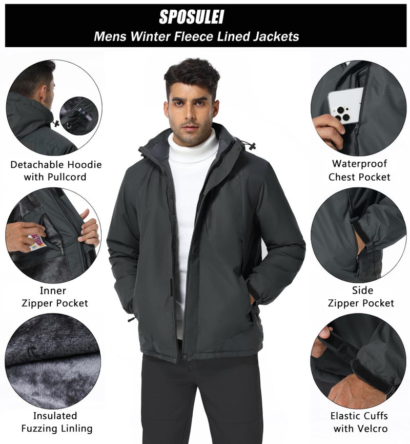 SPOSULEI Mens Skiing Jacket with Hoode Snowboarding Travel Rain Military Tactical Fleece Jacket Coat Parka Waterproof Winter Raincoats DKGrey S - Image 5