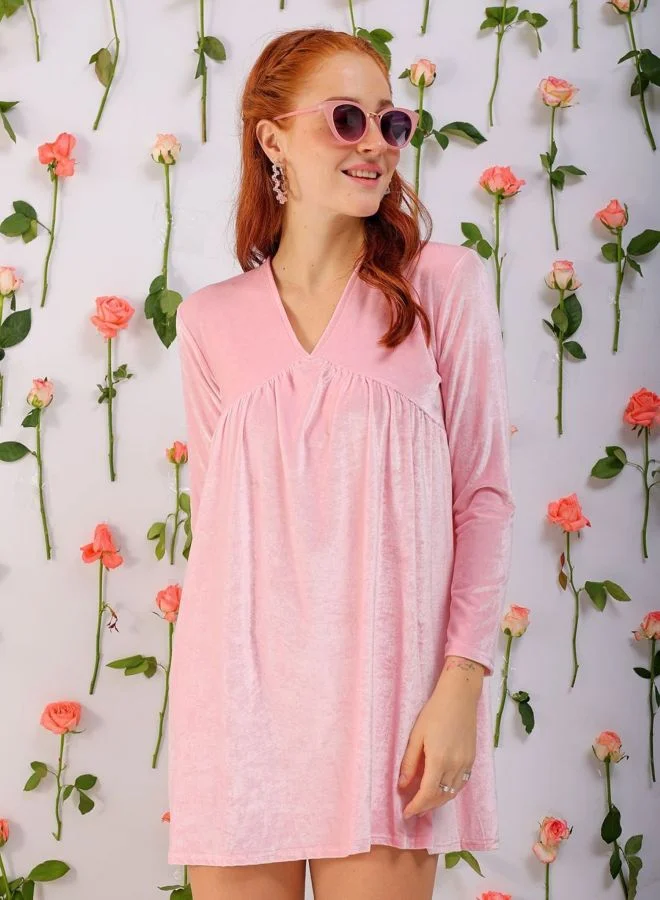 Women Fit and Flared Solid V-Neck Long Sleeve Mini Dress