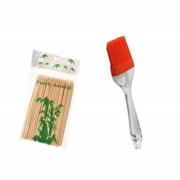 Sakoraware Bamboo Skewers/BBQ Wooden Stick for Cooking, Seekh for Kabab, Paneer Tikka (90 Pcs, 8 inches Each) Combo with Silicon Oil Brush for Kitchen (1 pc, 8.5 inch), Assorted Color - Image 1