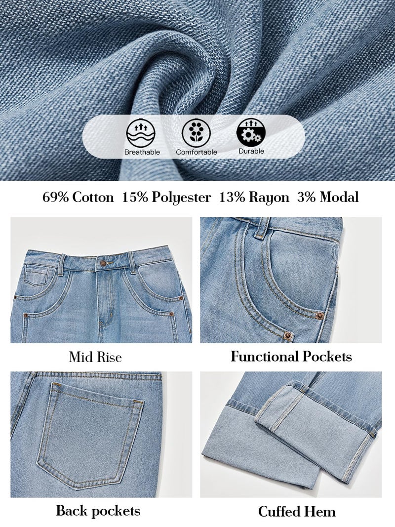 PLNOTME Womens Baggy Jeans Boyfriend Wide Leg Trendy Casual Mid Rise Cuffed Hem Denim Pants with Pockets Light Blue - Image 5