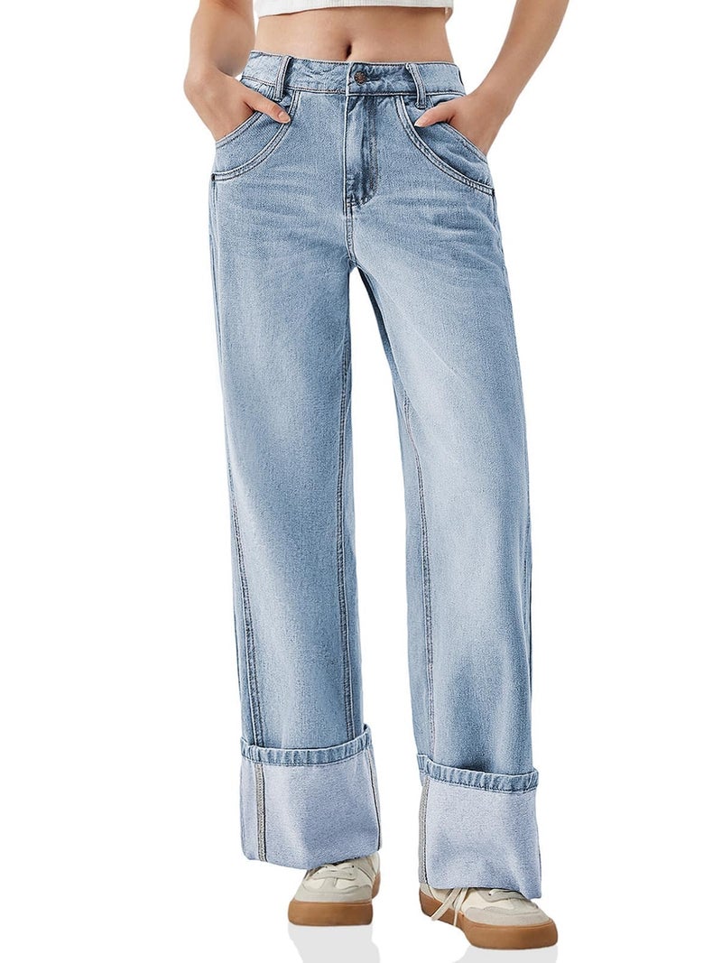 PLNOTME Womens Baggy Jeans Boyfriend Wide Leg Trendy Casual Mid Rise Cuffed Hem Denim Pants with Pockets Light Blue - Image 1