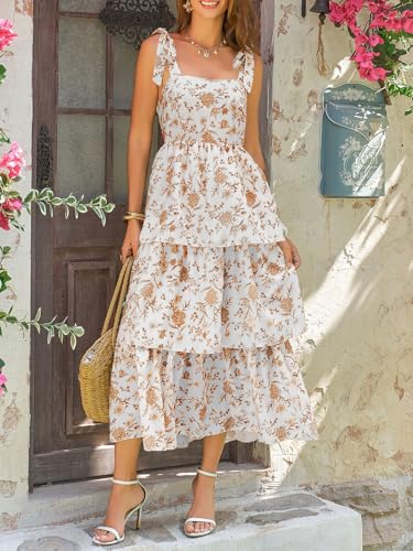 Wenrine Womens Summer Floral Maxi Dress Casual Tie Strap Sleeveless Ruffle Tiered Smocked Loose Boho Beach Dresses Yellow - Image 2