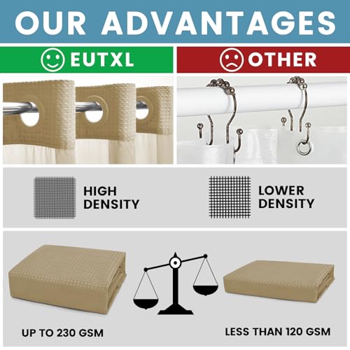 EUTXL Beige No Hook Shower Curtain with Snap in Liner,230GSM Waffle Weave Shower Curtains for Bathroom,71W x 74H - Image 2