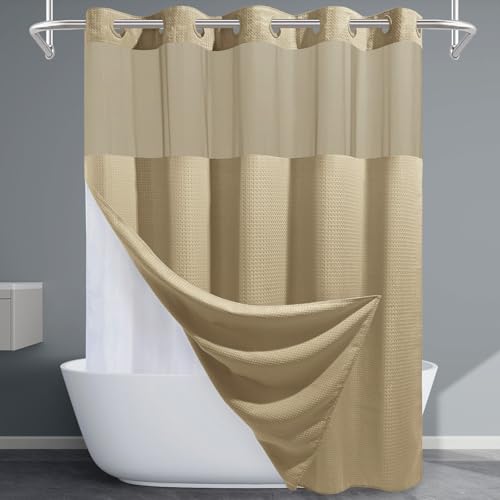 EUTXL Beige No Hook Shower Curtain with Snap in Liner,230GSM Waffle Weave Shower Curtains for Bathroom,71W x 74H - Image 1