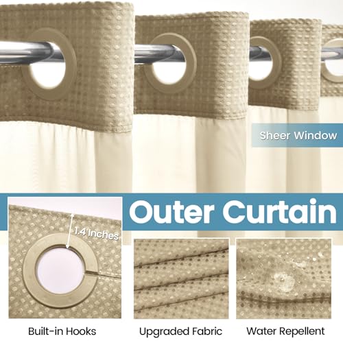 EUTXL Beige No Hook Shower Curtain with Snap in Liner,230GSM Waffle Weave Shower Curtains for Bathroom,71W x 74H - Image 5