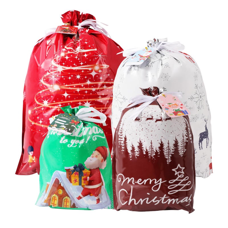 Drawstring Gift Bags Assorted Sizes for Presents 20PCs Xmas Plastic Wrapping Bags Bulk Extra LargeBigMediumSmall Sizes 4 Designs 5 Each