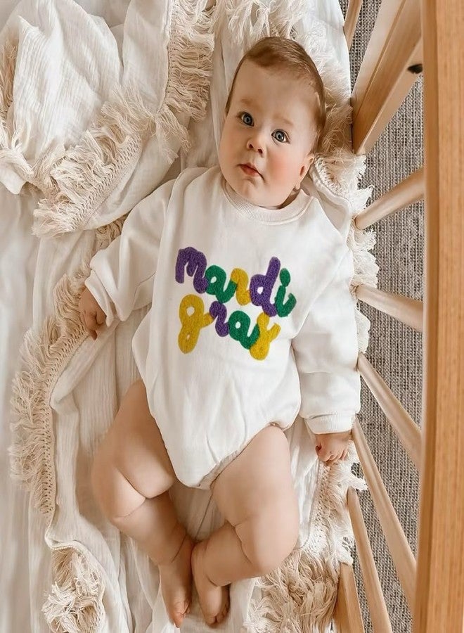 Honganda Baby Boy Girl Mardi Gras Romper Sweatshirt Letters Embroidered Bubble Onesie Fall Carnival Festival Holiday Outfit (Apricot, 0-3 Months) - Image 2