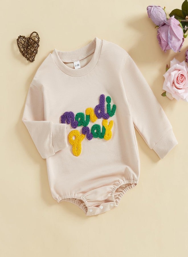 Honganda Baby Boy Girl Mardi Gras Romper Sweatshirt Letters Embroidered Bubble Onesie Fall Carnival Festival Holiday Outfit (Apricot, 0-3 Months) - Image 3
