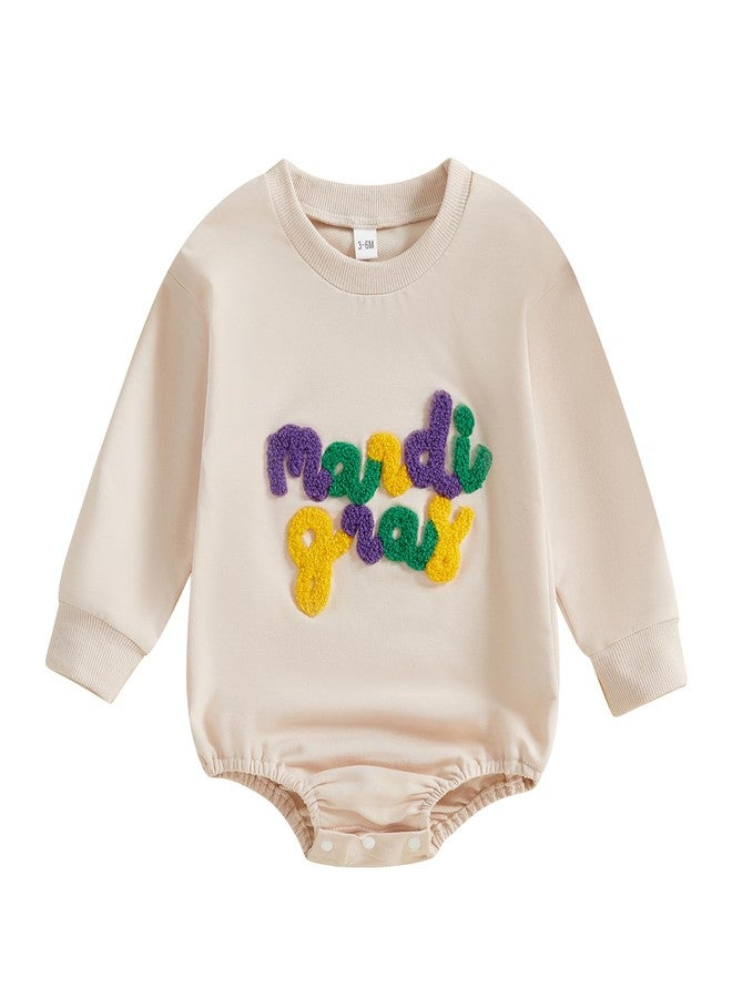 Honganda Baby Boy Girl Mardi Gras Romper Sweatshirt Letters Embroidered Bubble Onesie Fall Carnival Festival Holiday Outfit (Apricot, 0-3 Months) - Image 1