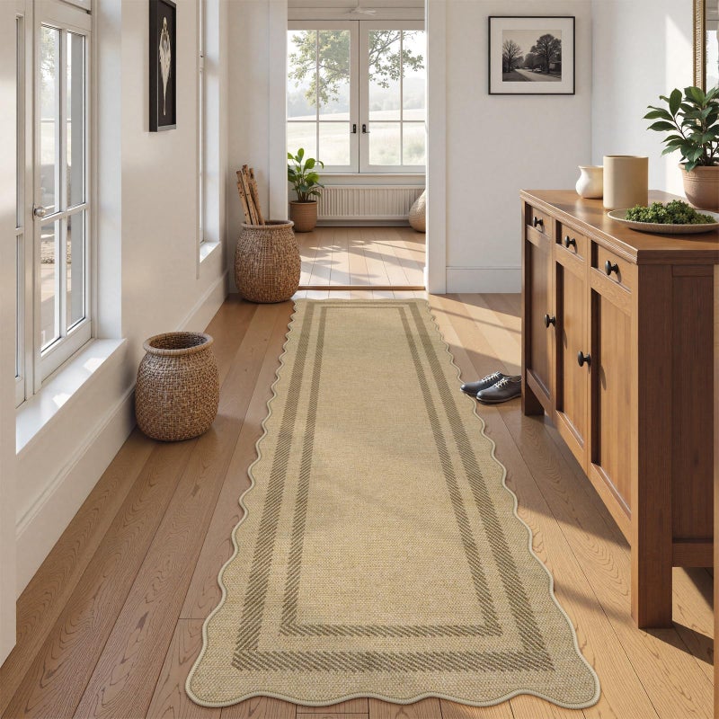 LIVEBOX Scalloped Washable 2x8 Kitchen Runner Rug, Easy Jute Geometric Tan Rugs for Hallway Runner Entryway, Indoor Outdoor Non Slip Rug Farmhouse Modern Carpet Door Mat for Porch Laundry Room - Image 3