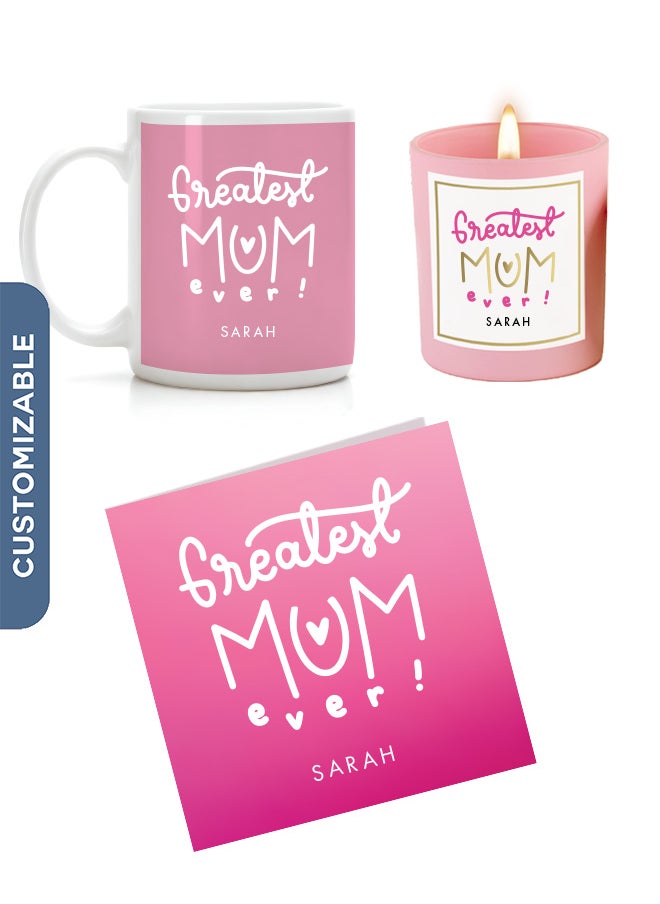 Share the Love Customisable Greatest Mum Ever Combo - Coffee Mug, Scented Candle with a Greeting Card 