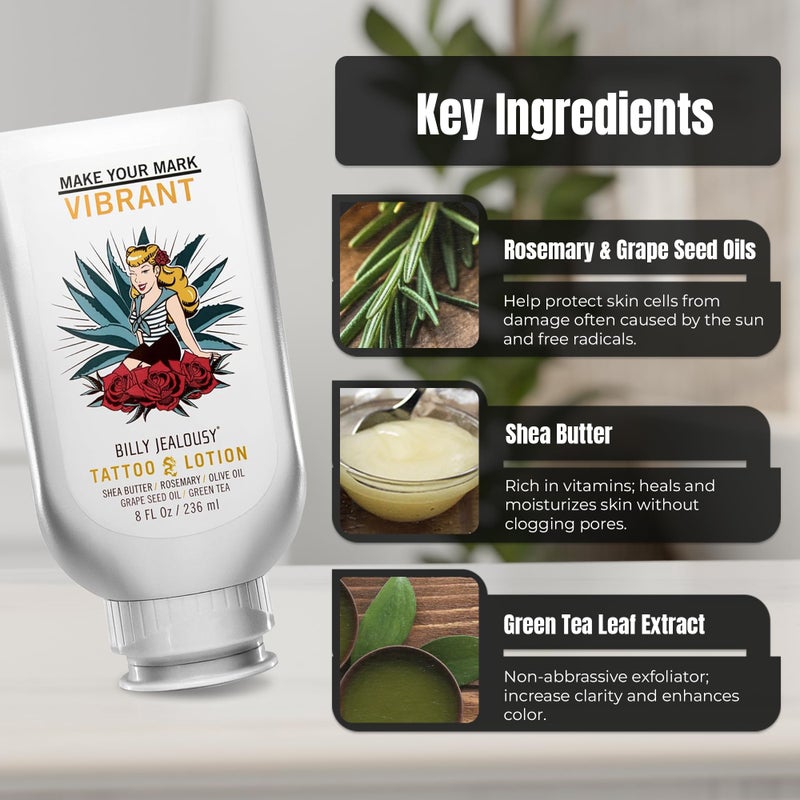 Billy Jealousy Tattoo Lotion for All Skin Types Formulated with Shea Butter, Essential Oils & Green Tea Leaf Extract, Tattoo Aftercare that Nourishes, Brightens & Soothes, 8 Fl Oz - Image 2