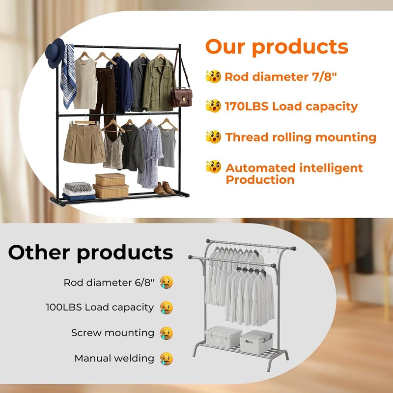 SKY-TOUCH Double Rod Clothing Garment Rack : Double Level Clothes Rack Organizer with Bottom Shelf Large Load Capacity Metal Clothing Rack for Bedroom Hanging Clothes (150 * 182 * 40cm  Black) - Image 3