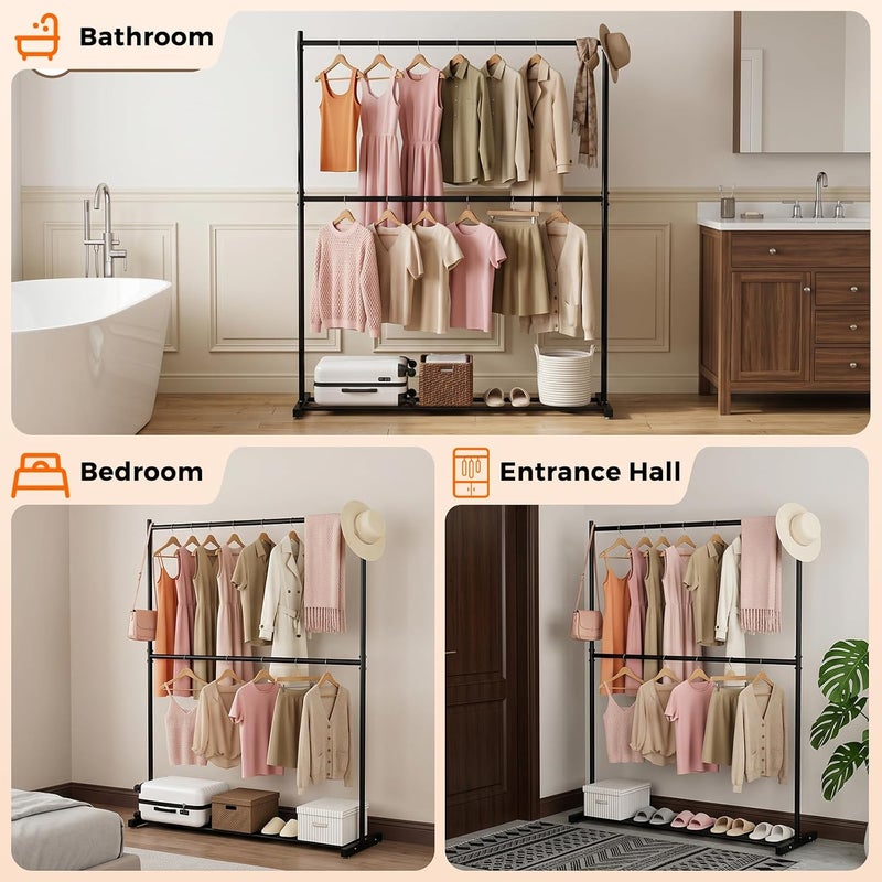 SKY-TOUCH Double Rod Clothing Garment Rack : Double Level Clothes Rack Organizer with Bottom Shelf Large Load Capacity Metal Clothing Rack for Bedroom Hanging Clothes (150 * 182 * 40cm  Black) - Image 5