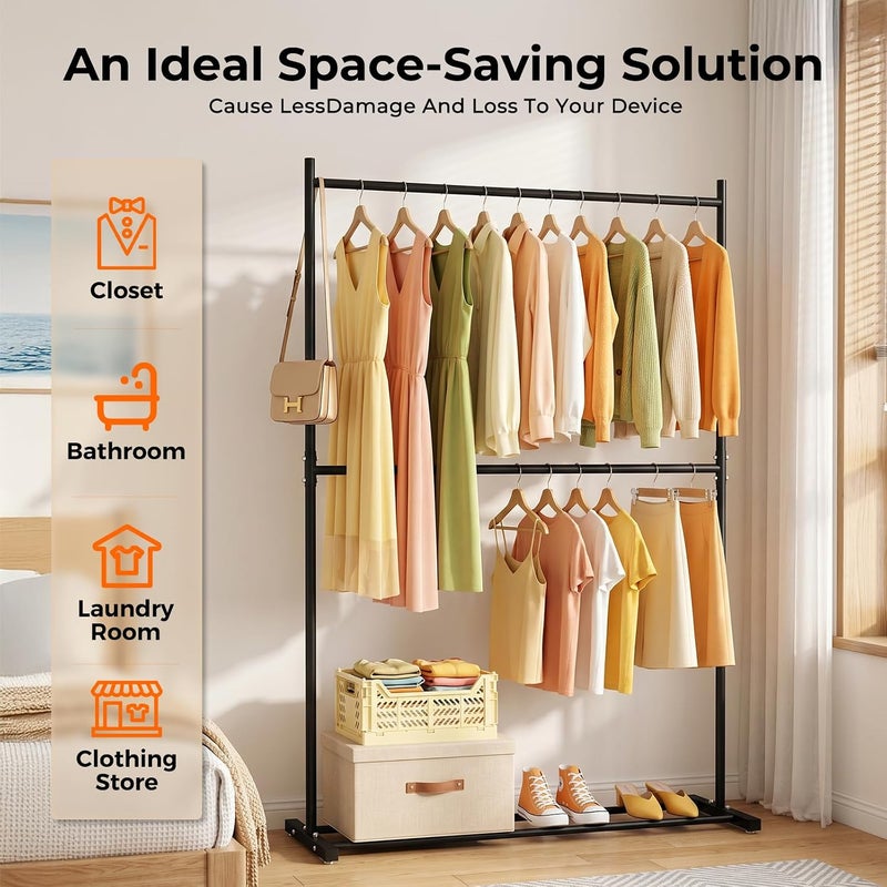 SKY-TOUCH Double Rod Clothing Garment Rack : Double Level Clothes Rack Organizer with Bottom Shelf Large Load Capacity Metal Clothing Rack for Bedroom Hanging Clothes (150 * 182 * 40cm  Black) - Image 4
