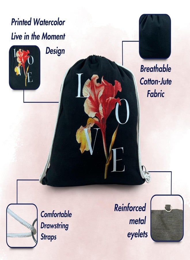 Madosh Black Cotton-Jute Drawstring Backpack for Women - Lightweight & Eco-Friendly Gym Bag with 'LOVE' Print - Reusable Travel Sackpack with Metal Eyelets (Pack of 2) - Image 3