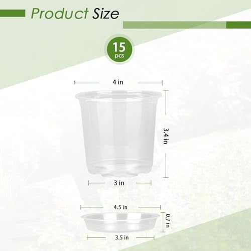 FUIJOL 4 Inch Clear Nursery Pots for Plants with Sacuers 15 Pack Plastic Flower Pots with Drainage Holes Variety Pack Seedlings Garden Pot for Indoor Outdoor 4 inch - Image 3