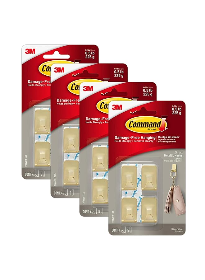 Command Stainless Steel Metal Small Hook Holds 225 Gr. Each Hook Gold Color Organize Decoration No Tools Holds Strongly Damage Free Hanging 4 Hooks Plus 5 Strips/Pack - Image 1