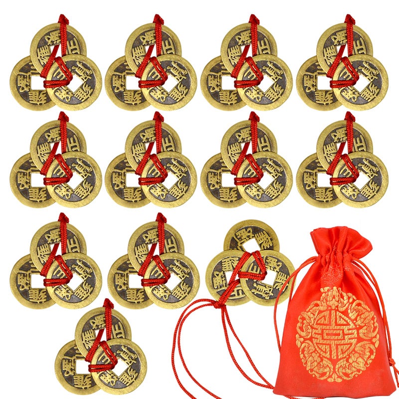 Feng Shui Chinese Coin IChing Coins Fortune Coins Red String for Wealth and Success Traditional Decoration 12PCS
