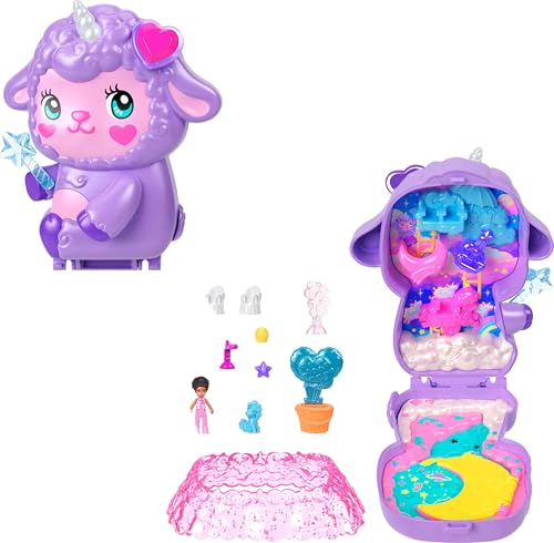 Polly Pocket دمى وبلاي سيت بولي بوكيت، لامب كوزي دريم لاند المدمجة، لعبة سفر مع 1 دمية ميكرو، يونيكورن أليف، ملحقات طعام وأزياء - Image 1