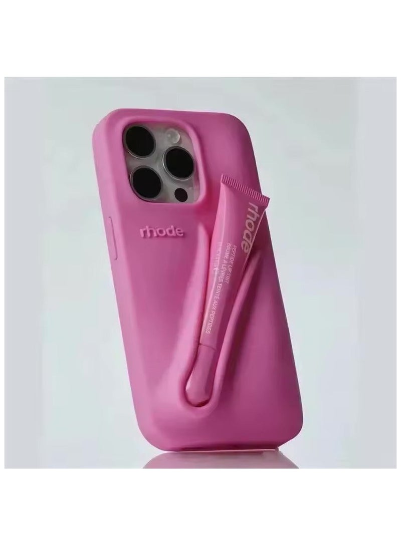 rhode Lip Gloss Phone Case with Lip Tint, For iPhone Case Liquid Silicone Camera Protection Lipstick Lip Glaze Phone Case for iPhone 15 (ShortCake) - Image 1