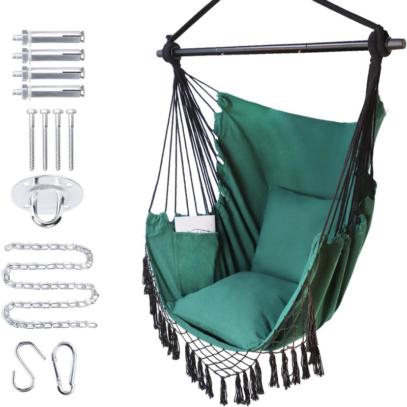 PIRNY Hammock Chair Hanging Rope Swing Chair,Max 500 Lbs, Large Hanging Chair with Pocket, 2 Cushions, Removable Steel Bar, Hardware Kit Included, Superior Comfort for Indoor Outdoor (Dark Green) - Image 1