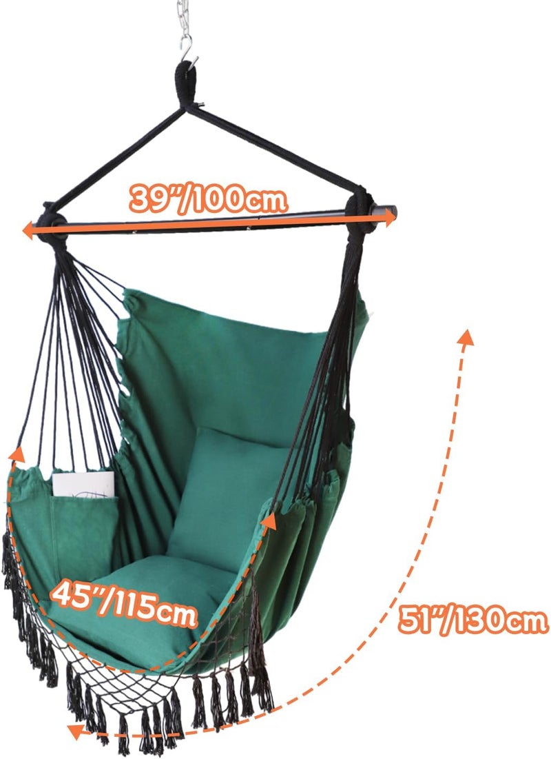 PIRNY Hammock Chair Hanging Rope Swing Chair,Max 500 Lbs, Large Hanging Chair with Pocket, 2 Cushions, Removable Steel Bar, Hardware Kit Included, Superior Comfort for Indoor Outdoor (Dark Green) - Image 4