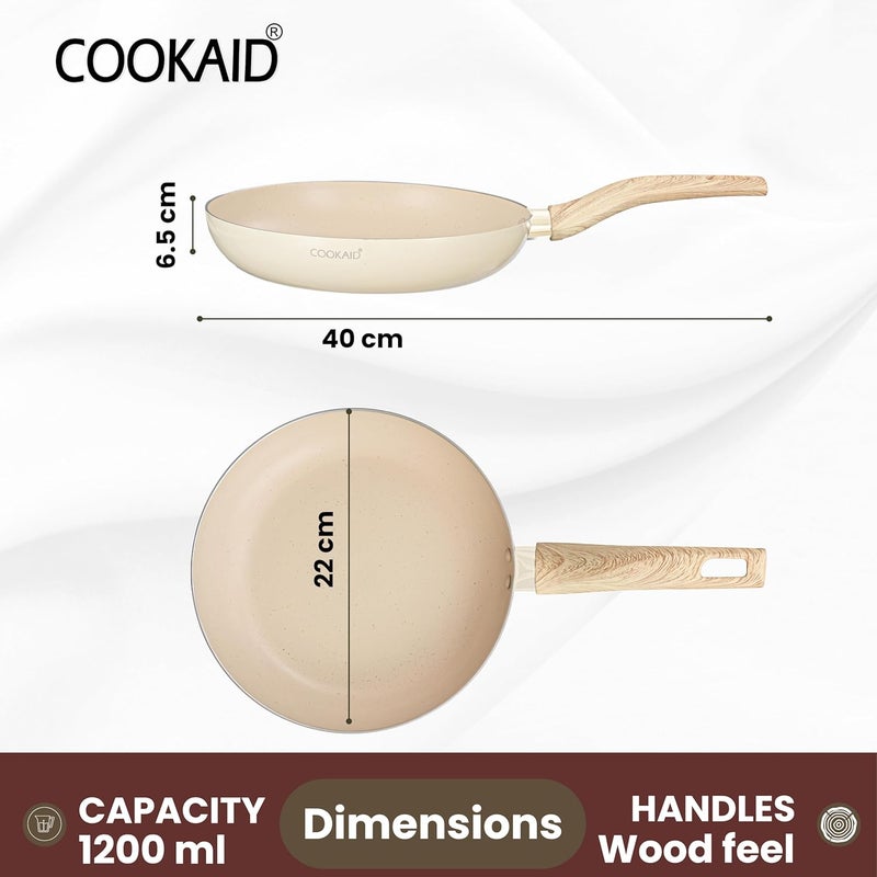 COOKAID Neo Glide Series Non Stick PTFE Fry Pan 22 cm| Aluminium Body| Non Stick PTFE| Gas & Induction Compatible| ISI Certified | 1.2 LTR - Cream - Image 2