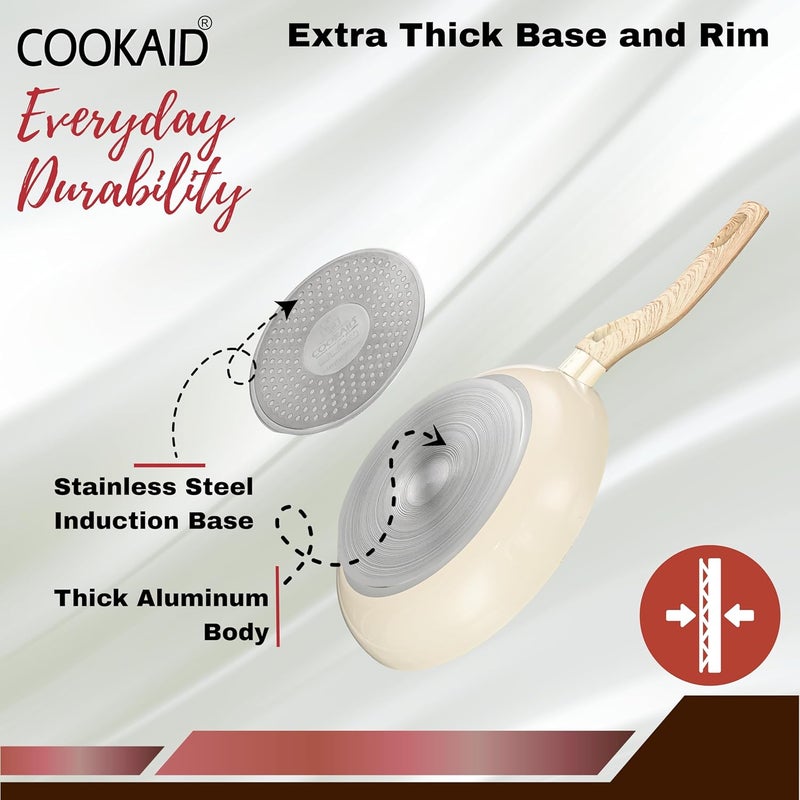 COOKAID Neo Glide Series Non Stick PTFE Fry Pan 22 cm| Aluminium Body| Non Stick PTFE| Gas & Induction Compatible| ISI Certified | 1.2 LTR - Cream - Image 3