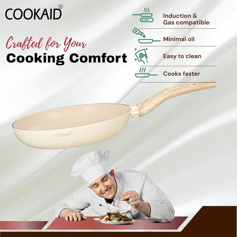 COOKAID Neo Glide Series Non Stick PTFE Fry Pan 22 cm| Aluminium Body| Non Stick PTFE| Gas & Induction Compatible| ISI Certified | 1.2 LTR - Cream - Image 4