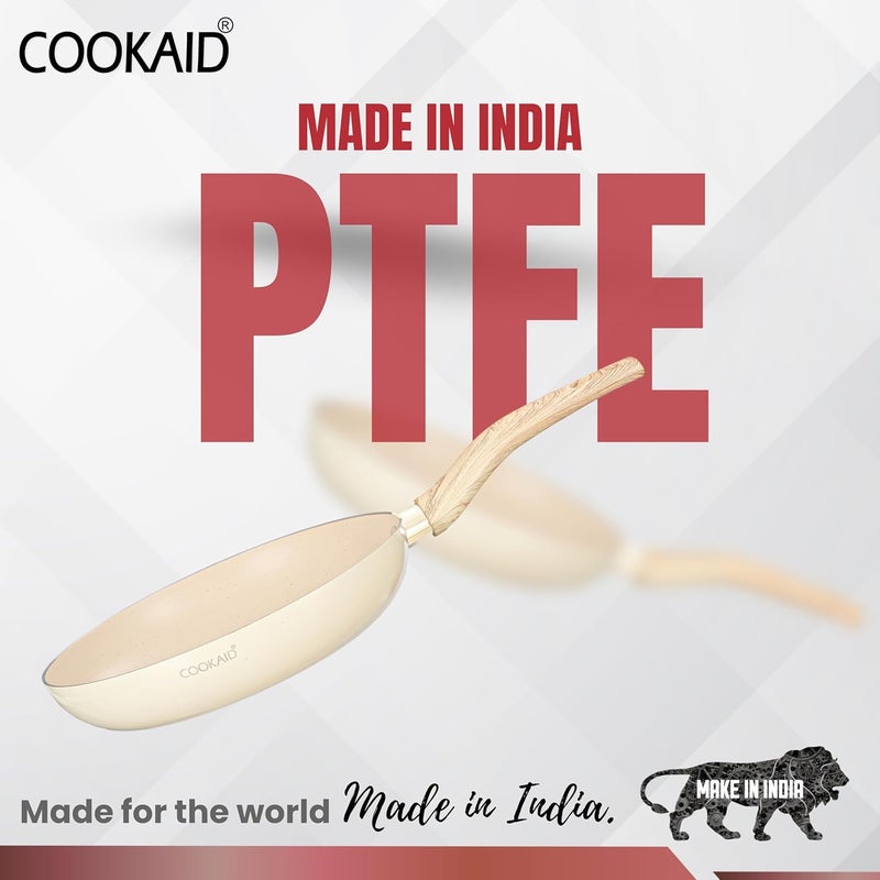 COOKAID Neo Glide Series Non Stick PTFE Fry Pan 22 cm| Aluminium Body| Non Stick PTFE| Gas & Induction Compatible| ISI Certified | 1.2 LTR - Cream - Image 5