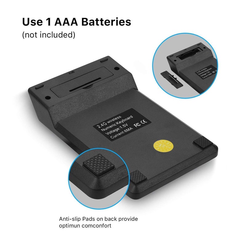 BUYFLUX Wireless Numeric Keypad, 2.4Ghz 18Keys USB Silent Number Pad, Portable Keyboard for Laptop Desktop PC Computer Tablet (Black) - Image 2