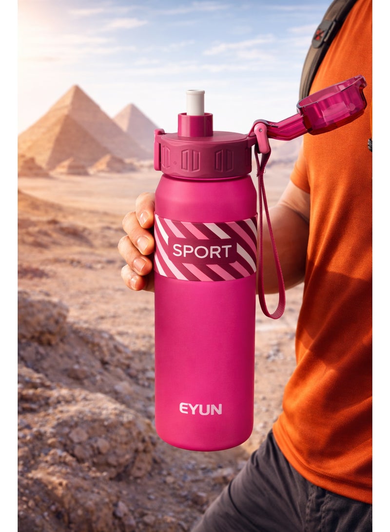 EYUN زجاجة مياه رياضية 1000 مل مع شفاط مدمج وغطاء قفل بلمسة واحدة خالية من BPA مانعة للتسرب مع حزام حمل للنادي والمدرسة والسفر والأنشطة الخارجية بطول 29 سم (بنفسجي) - Image 3
