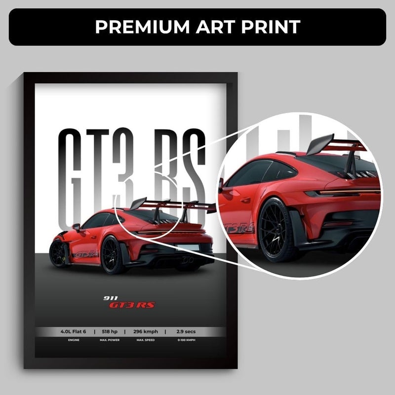 Funk You Store ملصق بورش 911 GT3 RS | مؤطر بحجم A4 (31 × 23 سم) | ملصقات سيارات خارقة للحائط، هدية للأولاد، إطارات سيارة 911 | ملصق سيارة للحائط، غرفة النوم، السكن الطلابي، غرفة الدراسة، المكتب (F_006) - Image 3