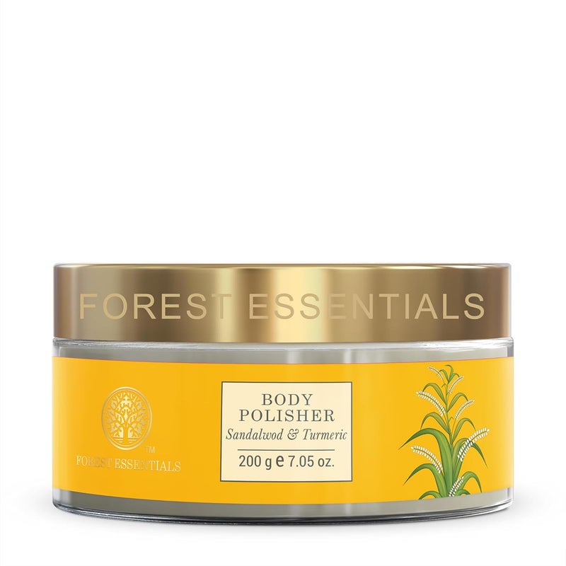 Forest Essentials Body Polisher Sandalwood  Turmeric  Body Scrub for Tan Removal  Skin Brightening Exfoliating Natural Body Scrub  With Sweet Almond Oil Raw Cane Sugar  Rose - Image 1