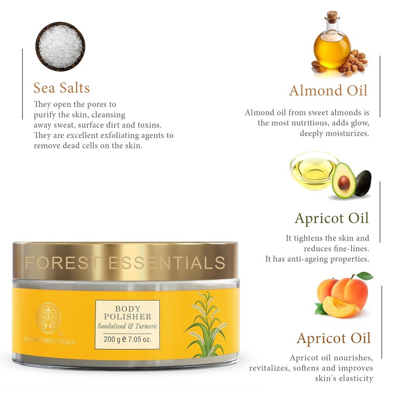 Forest Essentials Body Polisher Sandalwood  Turmeric  Body Scrub for Tan Removal  Skin Brightening Exfoliating Natural Body Scrub  With Sweet Almond Oil Raw Cane Sugar  Rose - Image 3