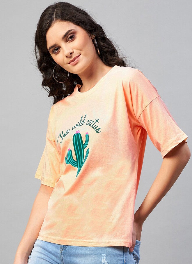 CHIMPAAANZEE Peach-Coloured Typography Printed T-shirt for Women - Image 1