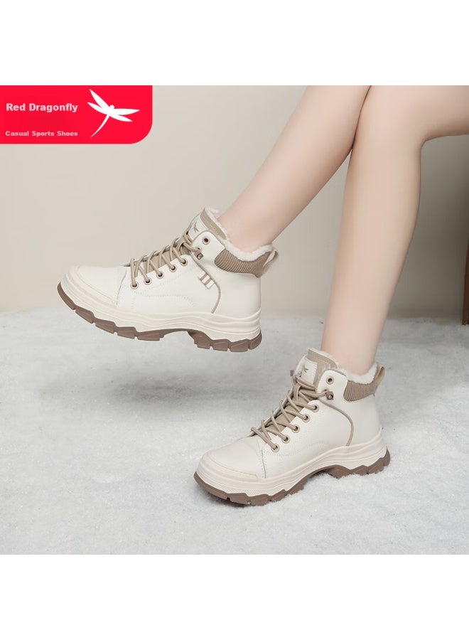 Red Dragonfly Martin Boots For Women, Autumn And Winter Fleece-lined Warm Women's Shoes, Slimming High-top Shoes, Versatile Trendy Shoes For Women Wxc430021r Beige 37 - Image 4