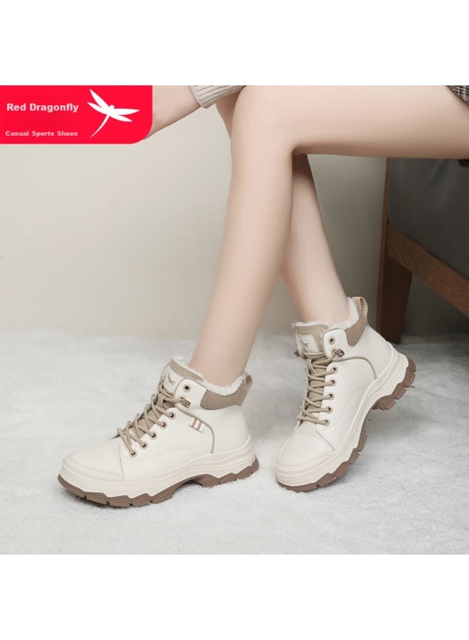 Red Dragonfly Martin Boots For Women, Autumn And Winter Fleece-lined Warm Women's Shoes, Slimming High-top Shoes, Versatile Trendy Shoes For Women Wxc430021r Beige 37 - Image 1