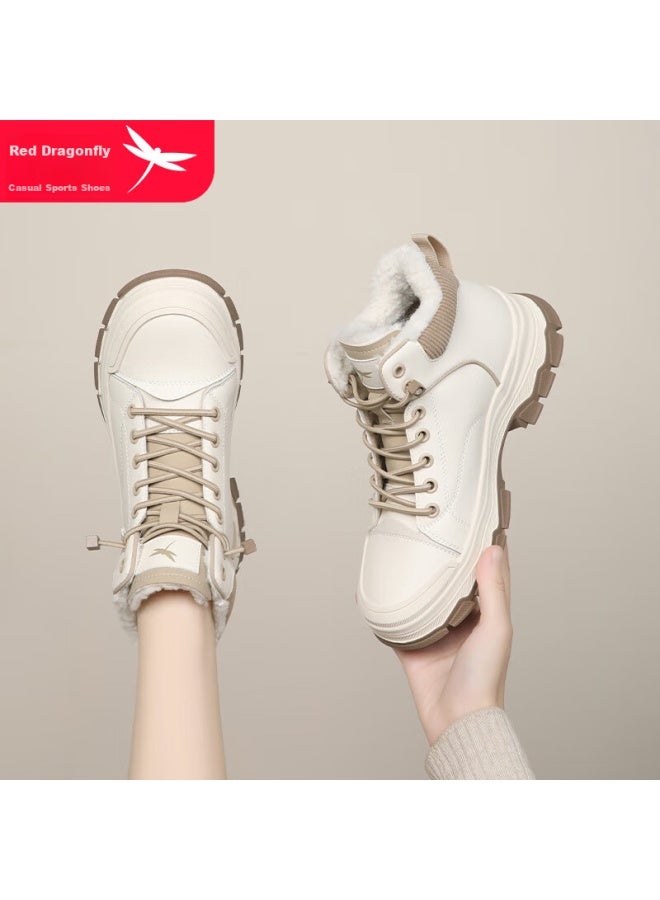 Red Dragonfly Martin Boots For Women, Autumn And Winter Fleece-lined Warm Women's Shoes, Slimming High-top Shoes, Versatile Trendy Shoes For Women Wxc430021r Beige 37 - Image 2