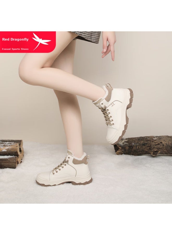 Red Dragonfly Martin Boots For Women, Autumn And Winter Fleece-lined Warm Women's Shoes, Slimming High-top Shoes, Versatile Trendy Shoes For Women Wxc430021r Beige 37 - Image 5