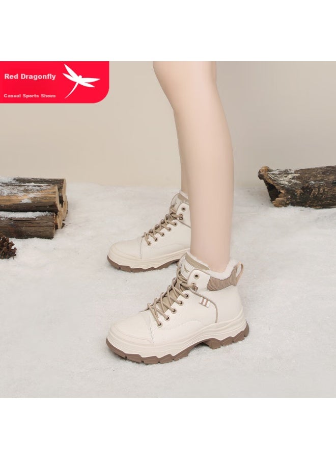 Red Dragonfly Martin Boots For Women, Autumn And Winter Fleece-lined Warm Women's Shoes, Slimming High-top Shoes, Versatile Trendy Shoes For Women Wxc430021r Beige 37 - Image 3