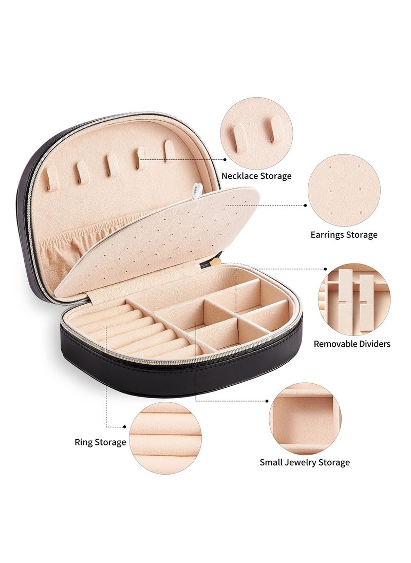 SYOSI - Travel Jewelry Box, Small Portable Seashell-Shaped Jewelry Case, 2 Layer Mini Organizer in PU Leather, Earring Necklace Bracelet Ring Holder for Women and Girls, Black - Image 1
