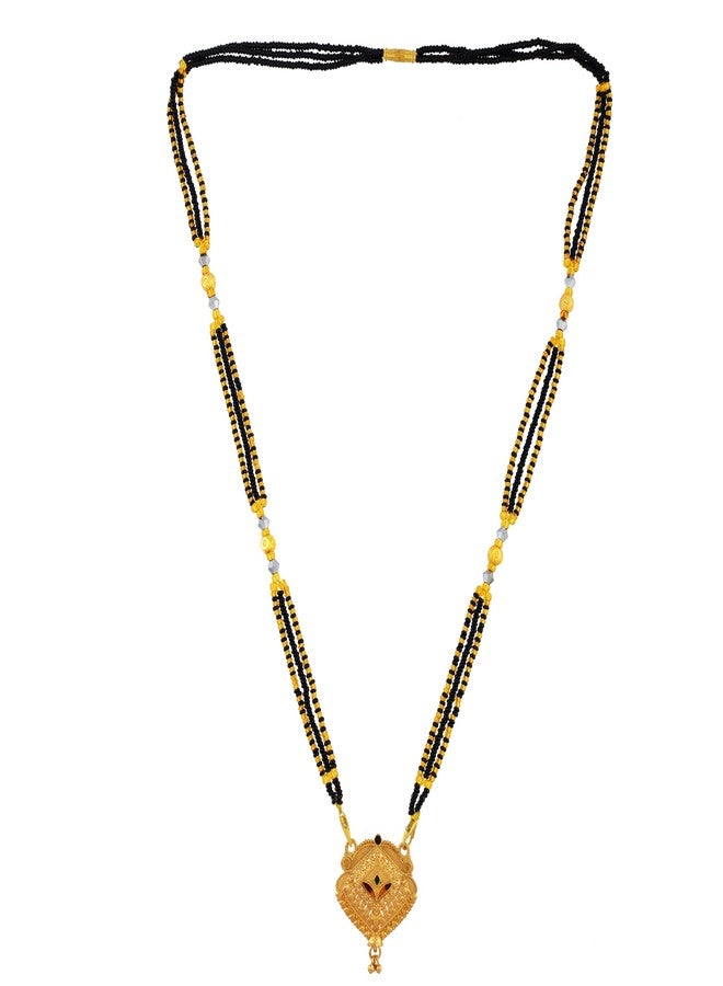 DULCI Elegant Gold Plated Square Pendant Mangalsutra with Black Beads Chain for Women - Image 3