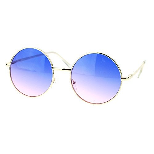 SA106 2 Tone Color Lens Retro Vintage Style Round Circle Hippie Groovy Sunglasses Blue Pink - Image 2