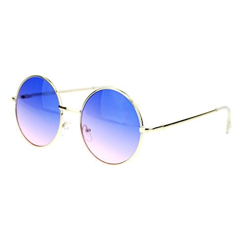 SA106 2 Tone Color Lens Retro Vintage Style Round Circle Hippie Groovy Sunglasses Blue Pink - Image 3