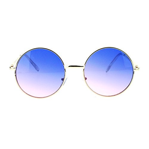 SA106 2 Tone Color Lens Retro Vintage Style Round Circle Hippie Groovy Sunglasses Blue Pink - Image 1
