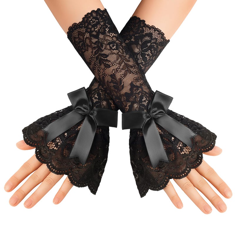 Avidlove Ruffle Bow Lace Gloves for Women Fingerless Elbow Length Costume Gloves for Masquerade Opera Tea Party Goth - Image 1