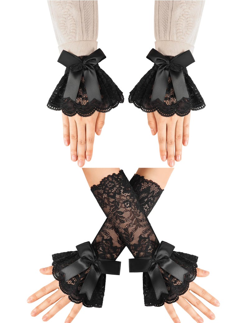 Avidlove Ruffle Bow Lace Gloves for Women Fingerless Elbow Length Costume Gloves for Masquerade Opera Tea Party Goth - Image 3